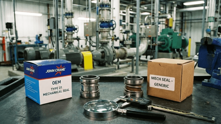 Two mechanical seals on workbench with inspection tools comparing OEM and aftermarket packaging