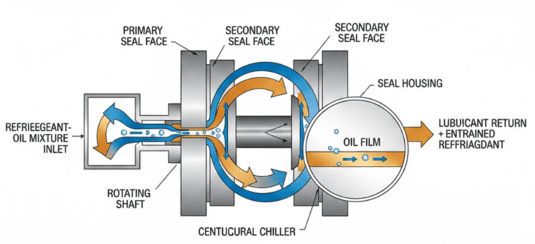 HVAC Chiller Pump Seals: Refrigerant Compatibility 4 Cutaway diagram showing refrigerant-oil mixture leaking through shaft seal gap in centrifugal chiller