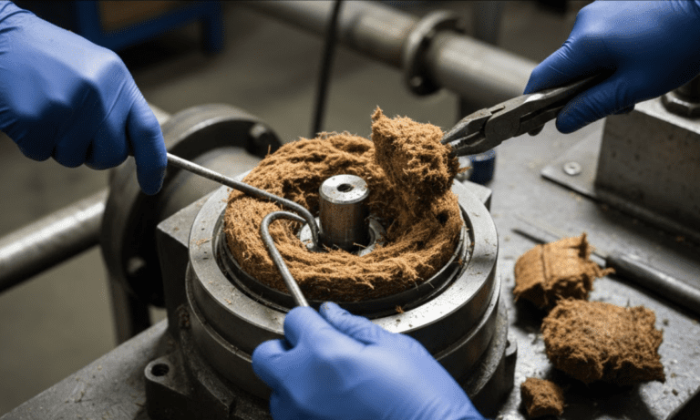 Fiber bridging inside a pump stuffing box showing how wood pulp fibers pack and obstruct the seal chamber