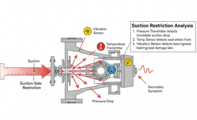 Seal Chamber Pressure Monitoring: Early Warning for Repair 3 Diagram showing how suction-side restriction causes pressure drop in seal chamber that vibration monitoring alone cannot detect