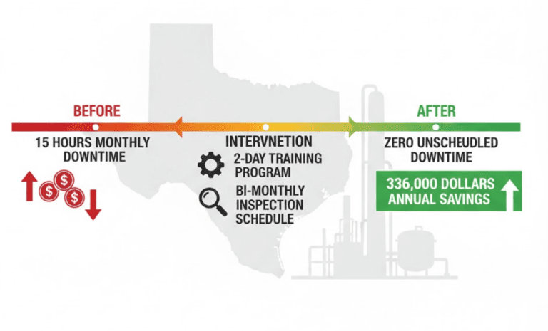 How Do You Assess Whether to Repair Mechanical Seals In-House or Outsource? 3 Before-and-after timeline showing a chemical plant reducing unscheduled downtime from 15 hours monthly to zero after implementing staff training and bi-monthly inspections, achieving 336,000 dollars in annual savings