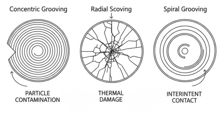 Diagram comparing three mechanical seal scoring patterns and their root causes: concentric grooving from particles, radial scoring from heat, and spiral grooving from intermittent contact