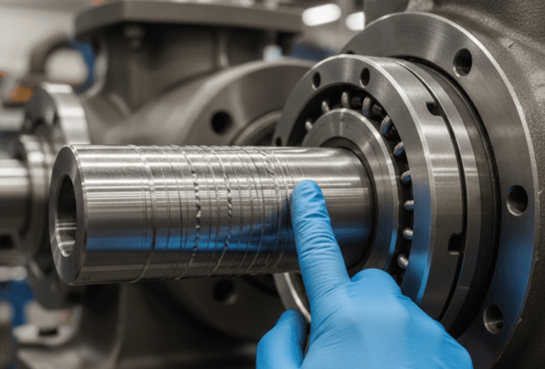 Technician checking pump shaft surface condition by running a finger along longitudinal scoring marks near the mechanical seal area