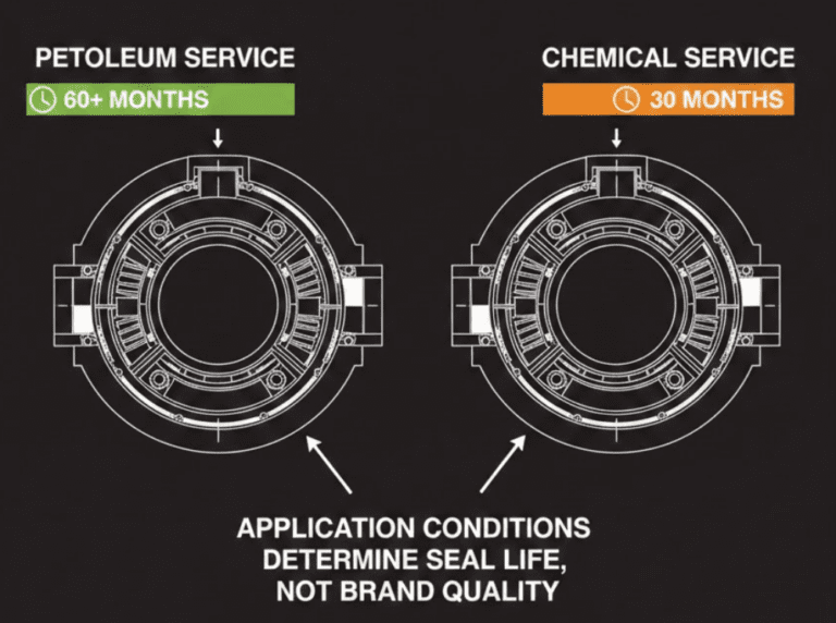 Diagram comparing mechanical seal MTBR showing 60 plus months in petroleum versus 30 months in chemical service from the same manufacturer