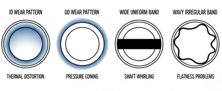How Do You Repair Seals Damaged by Abrasive Slurry 2 Four mechanical seal face contact patterns showing ID wear from thermal distortion, OD wear from pressure coning, wide band from shaft whirling, and wavy pattern from flatness problems