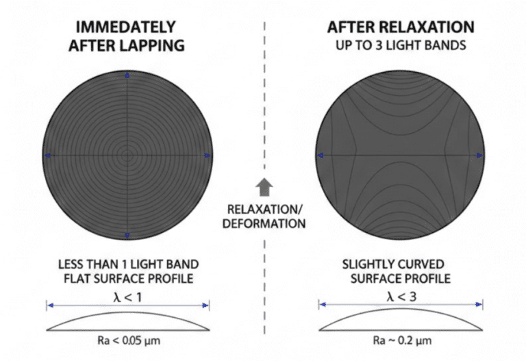 Diagram comparing carbon graphite seal face flatness immediately after lapping versus after relaxation showing how readings increase from under 1 to up to 3 light bands