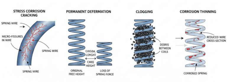 Diagram showing four mechanical seal spring failure mechanisms: stress corrosion cracking, permanent deformation, clogging, and corrosion thinning with labeled details of each failure pattern