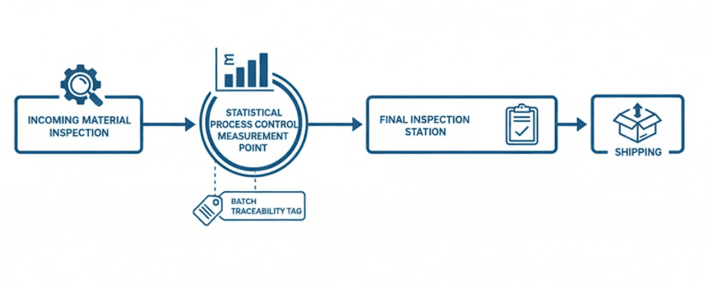 Diagram showing quality control steps from incoming material inspection to final shipping