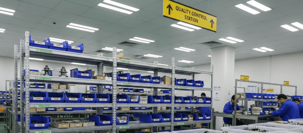 Quality control station in a manufacturing facility with workers and organized parts bins