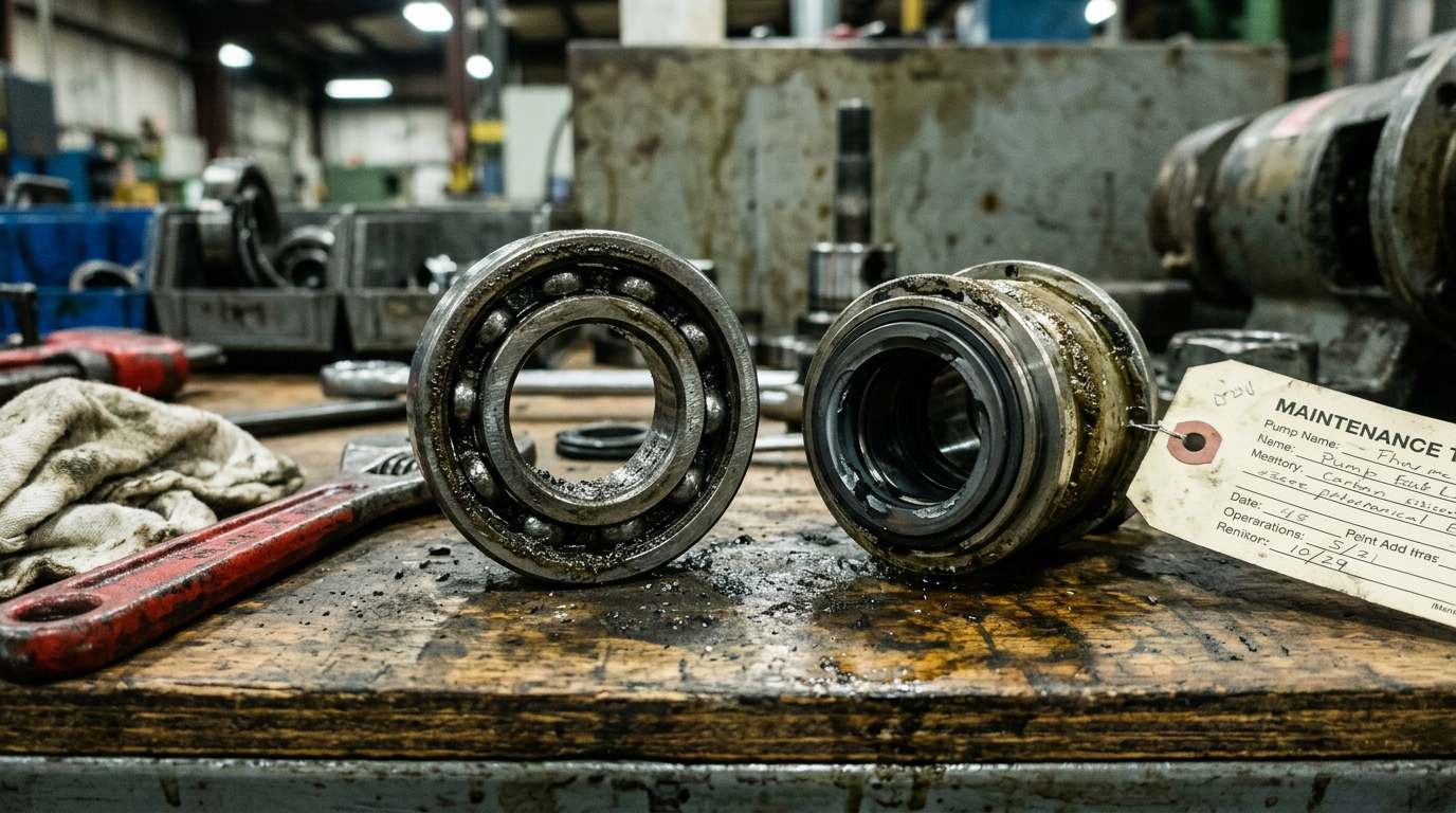 Cost-Effective Mechanical Seals for Clean Water Pumps 1 Worn pump bearing alongside failed mechanical seal demonstrating that cost-effective mechanical seal selection requires addressing root causes beyond the seal itself