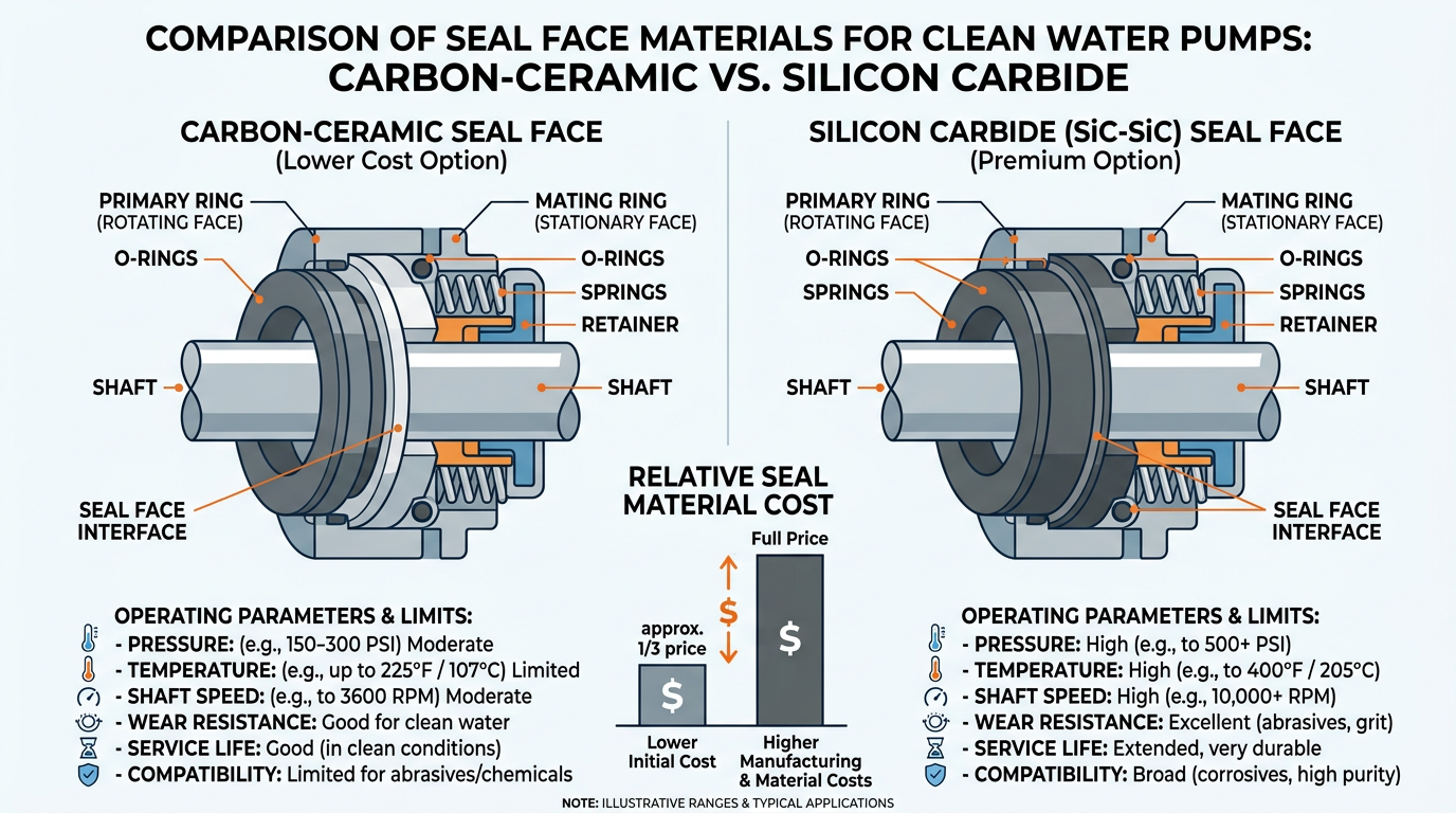 Cost-Effective Mechanical Seals for Clean Water Pumps 2 Carbon-ceramic versus silicon carbide cost-effective mechanical seal comparison for clean water pump applications showing the three times price difference