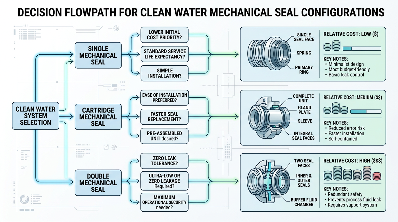 Cost-Effective Mechanical Seals for Clean Water Pumps 3 Decision flowchart for selecting cost-effective mechanical seal configuration in clean water pump service comparing single double and cartridge options
