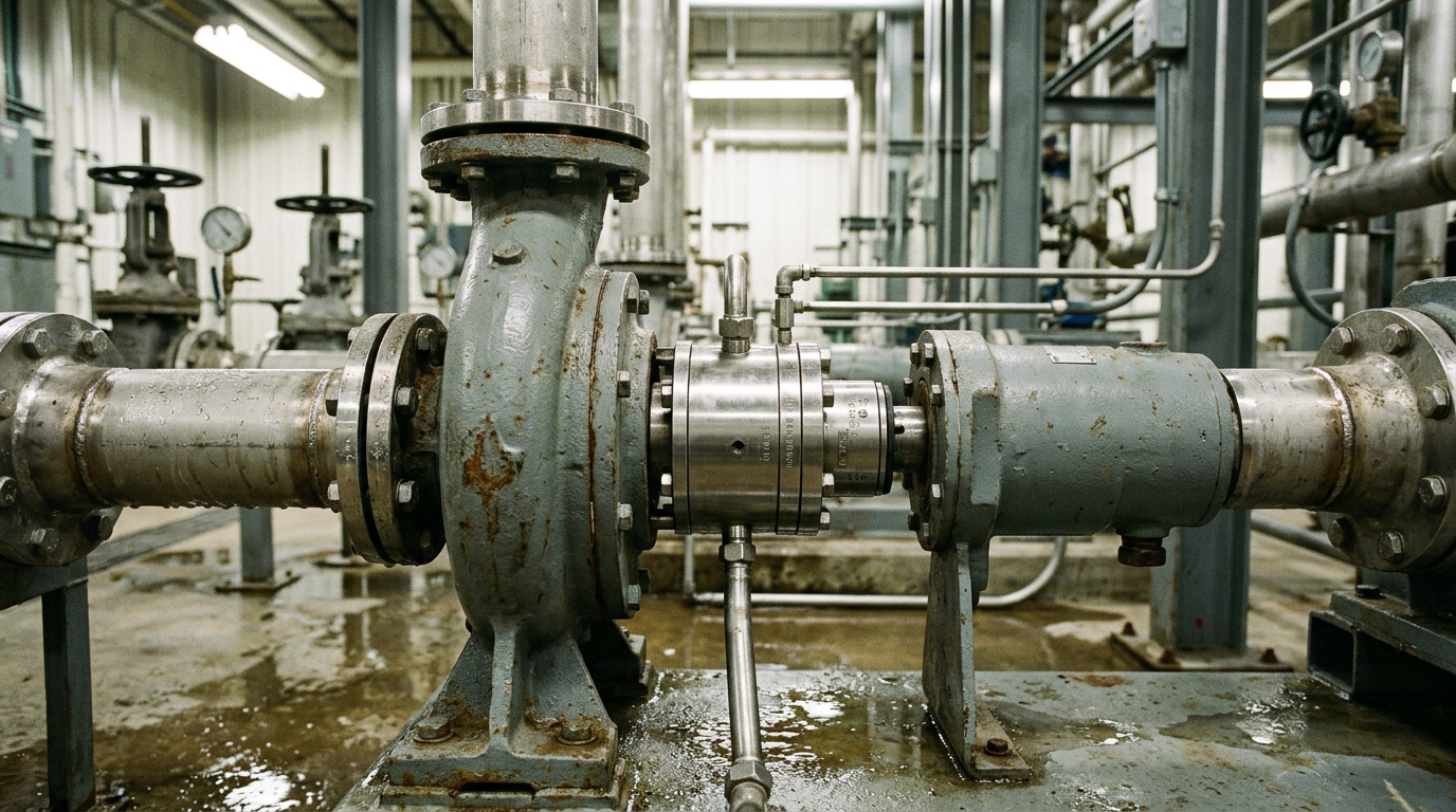 Cartridge mechanical seal installed on industrial pump where John Crane vs Flowserve selection depends on facility requirements