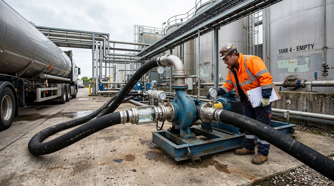 Batch transfer pump installation where Flowserve ISC2 mechanical seals provide dry-run protection during tanker unloading