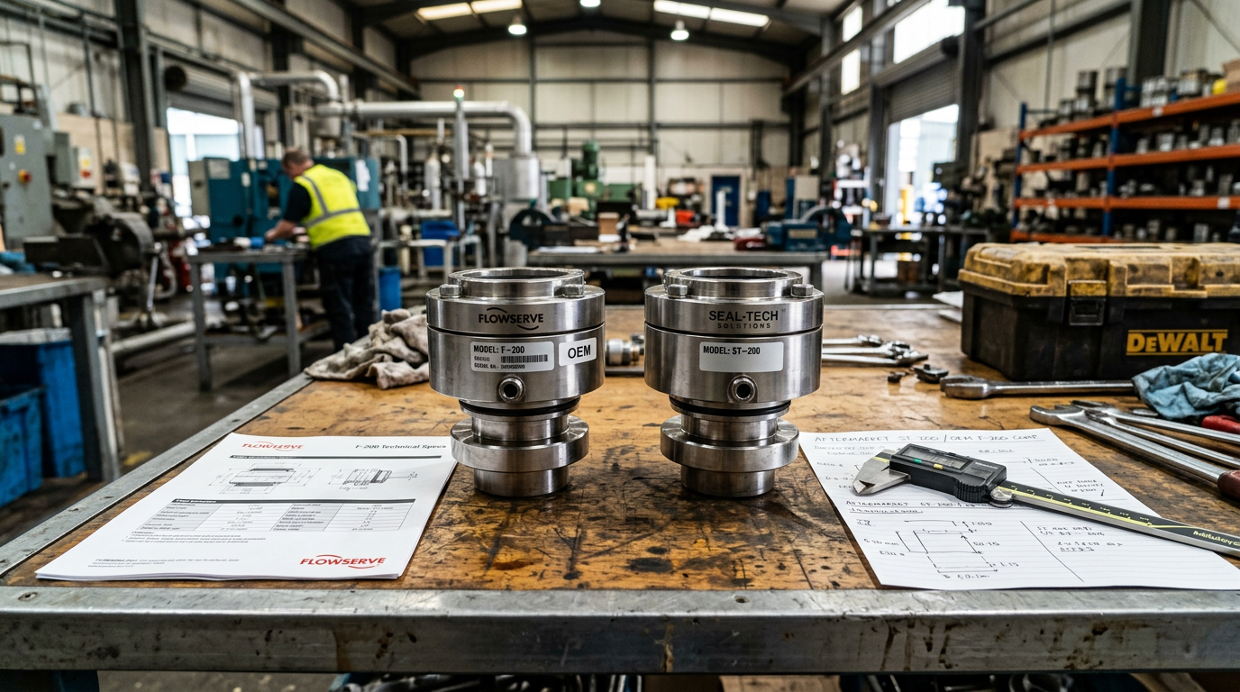 Aftermarket and OEM mechanical seals compared side by side showing interchangeability between John Crane and Flowserve models
