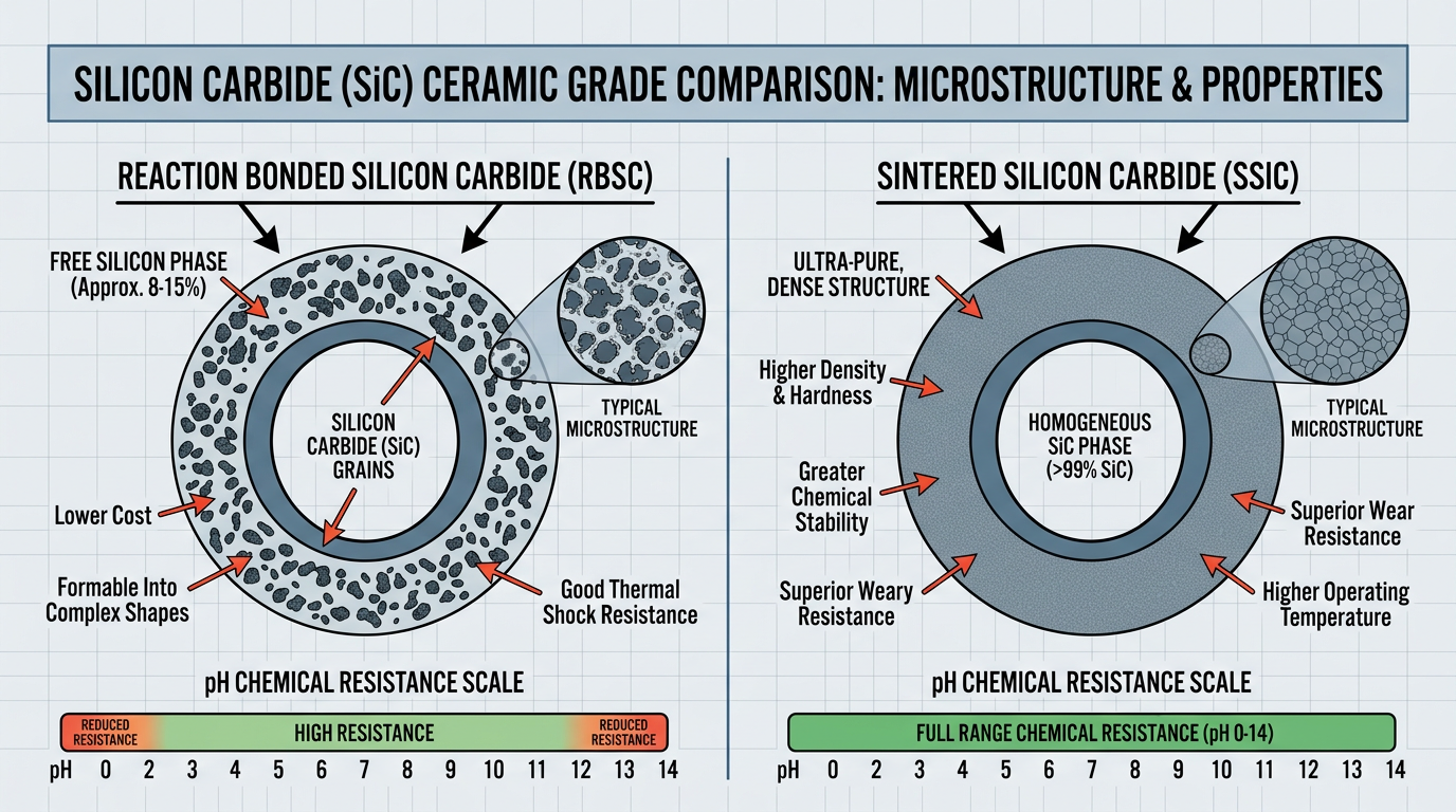Diagram comparing reaction bonded and sintered silicon carbide mechanical seal face materials showing structural differences affecting chemical compatibility