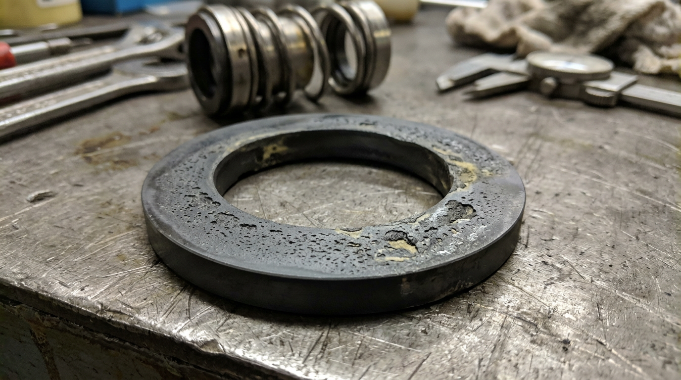 Corroded silicon carbide mechanical seal face showing chemical compatibility failure from acid service exposure