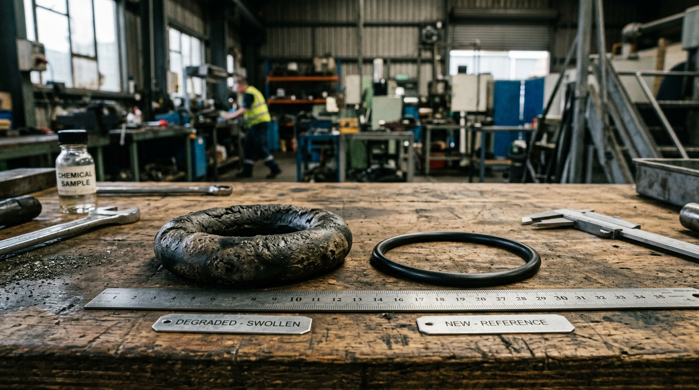 Swollen mechanical seal elastomer O-ring next to new O-ring demonstrating chemical compatibility failure