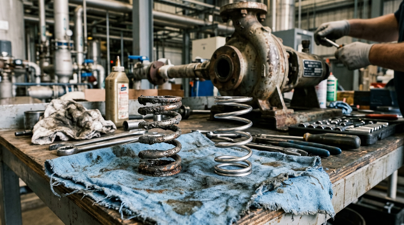 Corroded 316 stainless steel mechanical seal spring from chemical service showing metal component compatibility failure