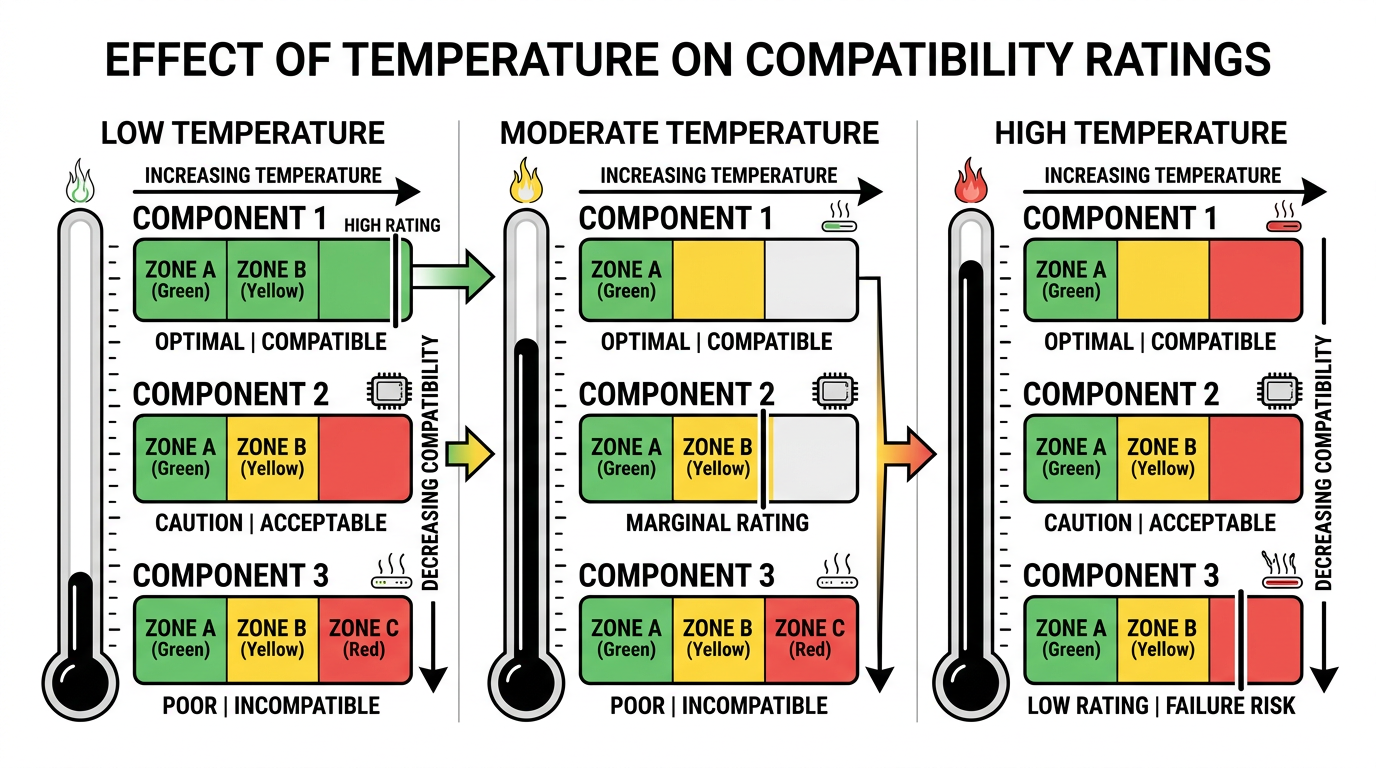 Diagram showing how rising temperature shifts mechanical seal material chemical compatibility ratings from A to C grade