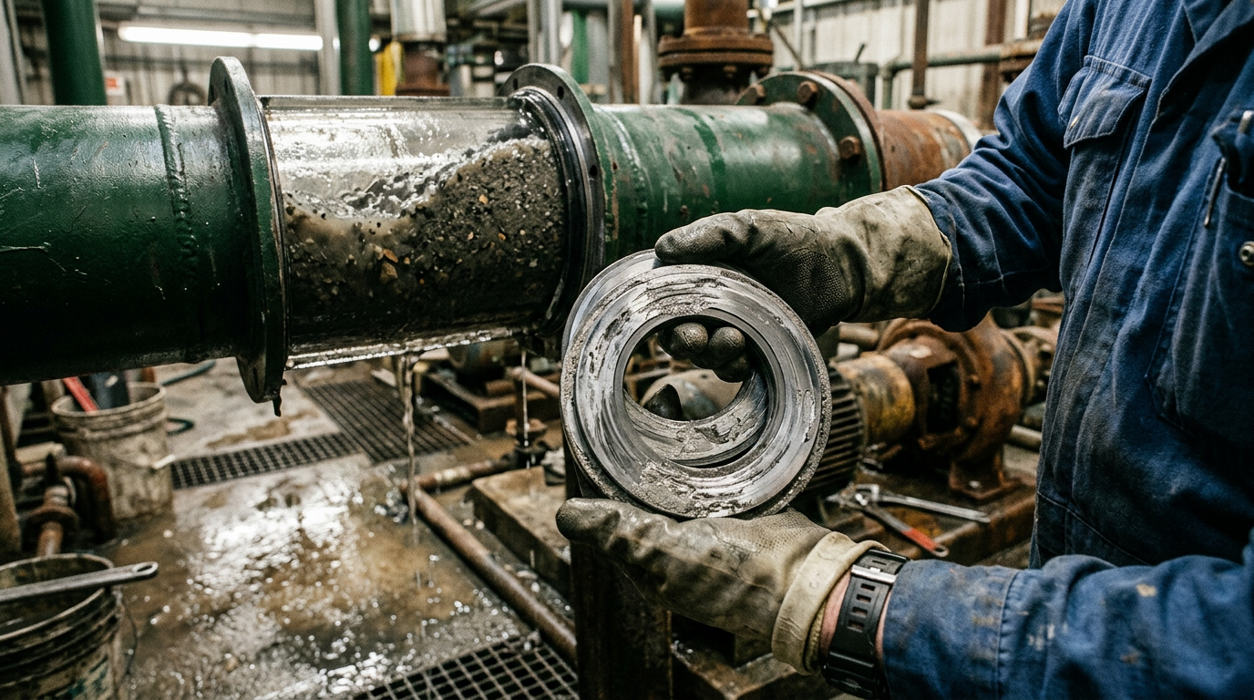 Coarse mineral slurry with visible abrasive particles flowing through pump piping, illustrating the particle characteristics that drive mechanical seal selection for slurry pumps