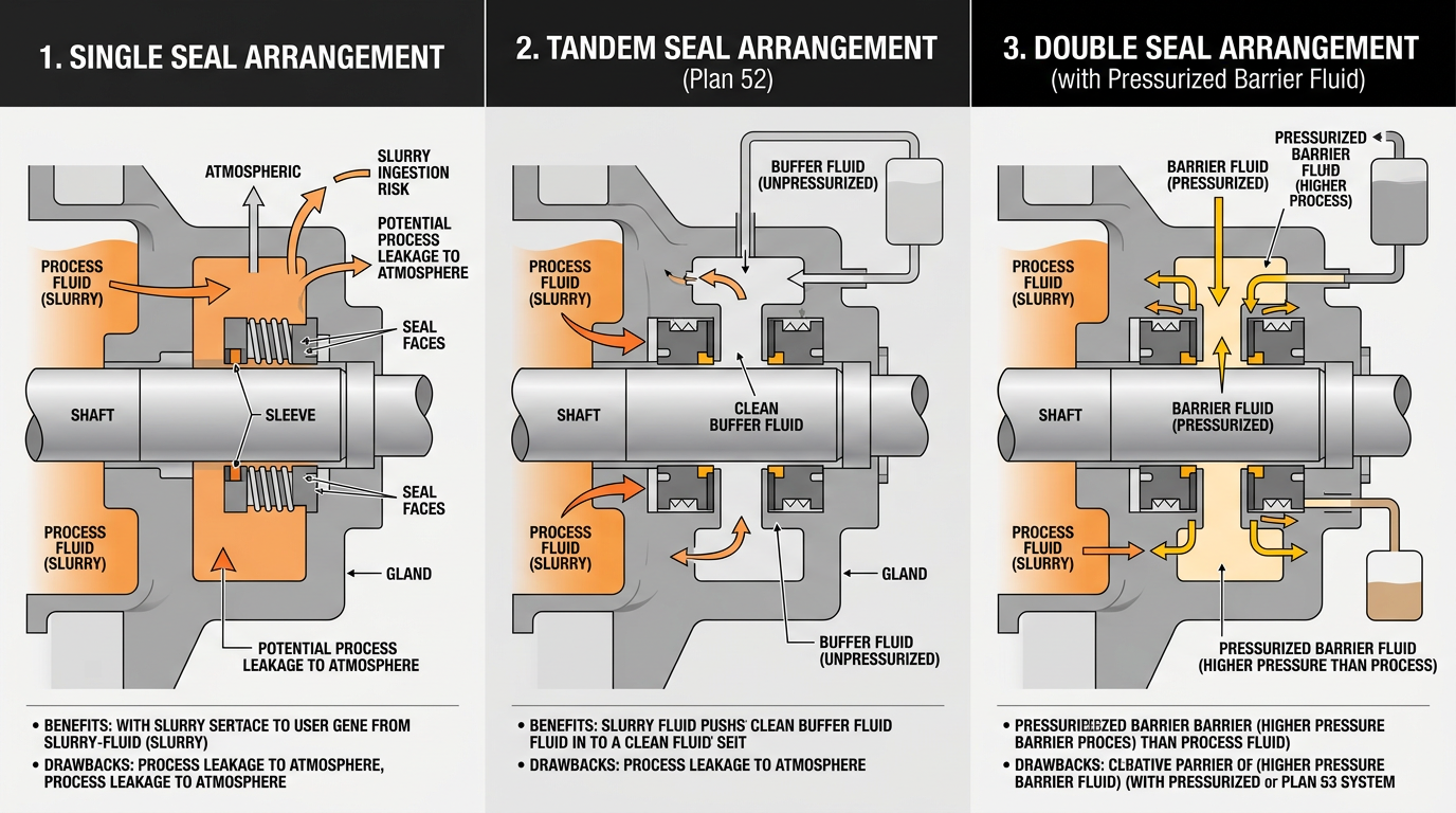 Diagram comparing single, tandem, and double mechanical seal arrangements for abrasive slurry pump applications with fluid flow paths indicated