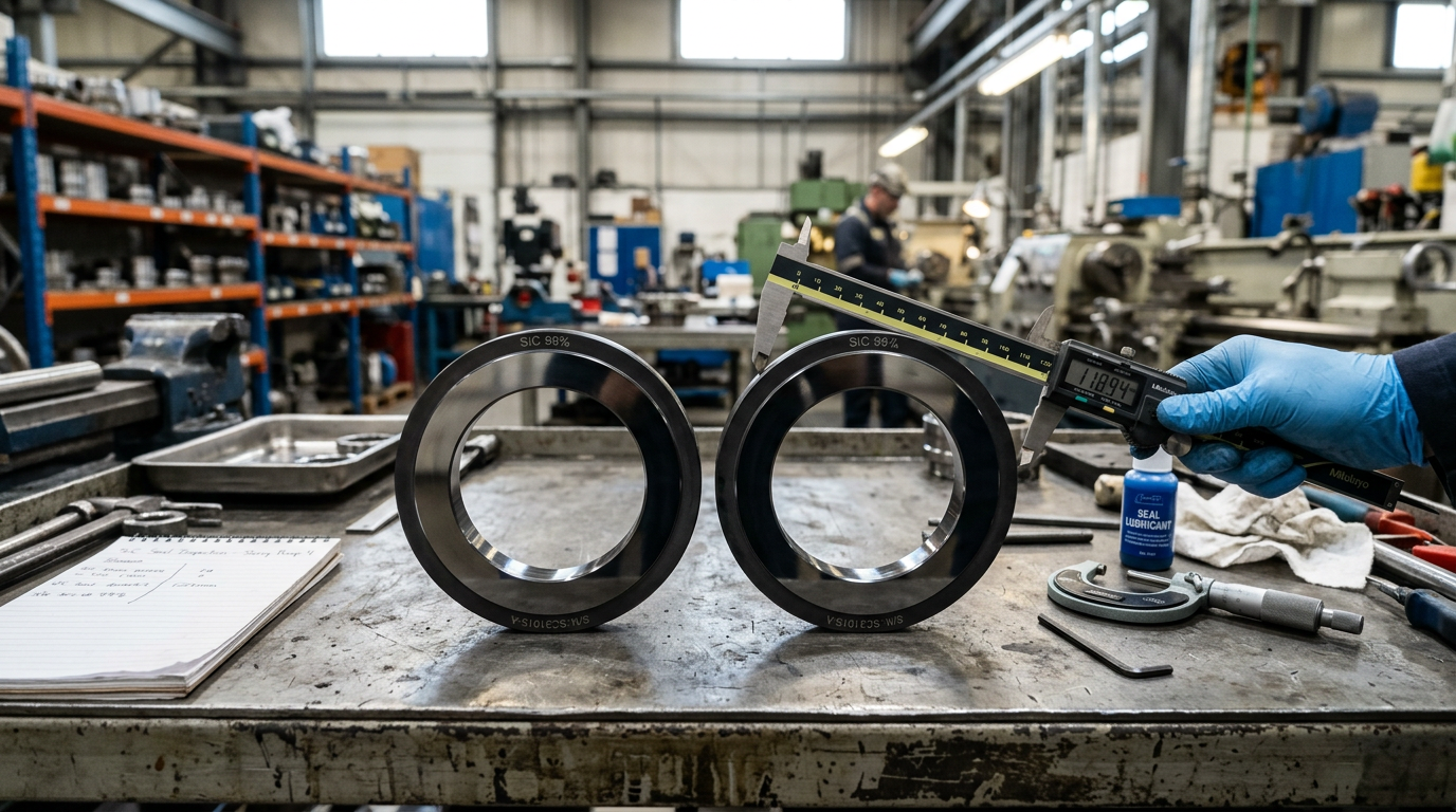 Silicon carbide mechanical seal face rings for abrasive slurry pump service, showing the mirror-polished contact surfaces critical for seal selection