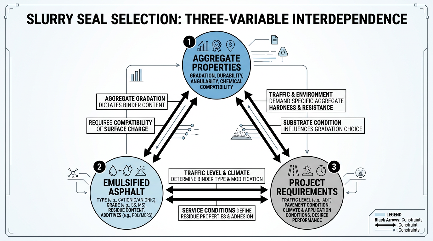 Three-variable selection framework diagram showing how particle characteristics, seal arrangement, and flush plan interact in mechanical seal selection for abrasive slurry pumps