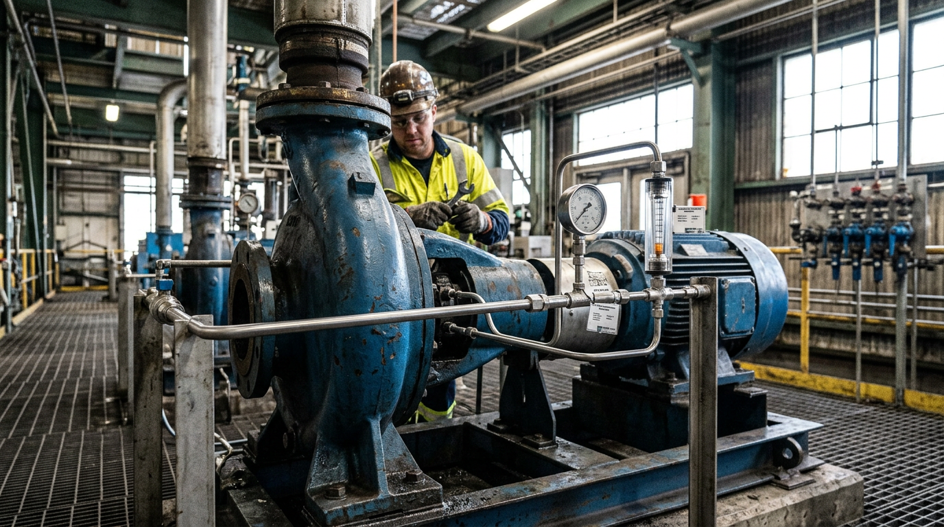 Mechanical seal flush system piping on an industrial slurry pump showing pressure gauges and flow control components for abrasive service environmental control