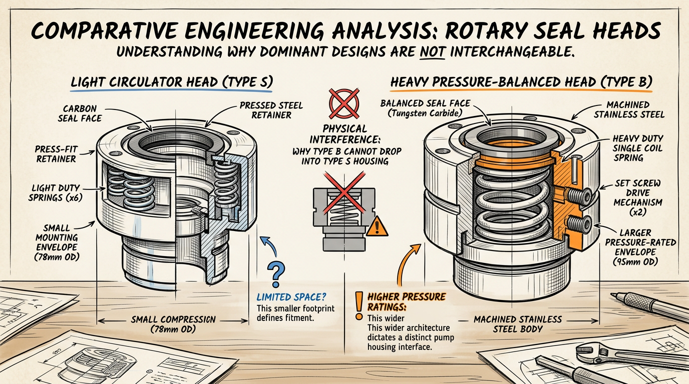 Structural sketch comparing two Armstrong pump mechanical seal rotary head types, a standard circulator head and a pressure-balanced head.