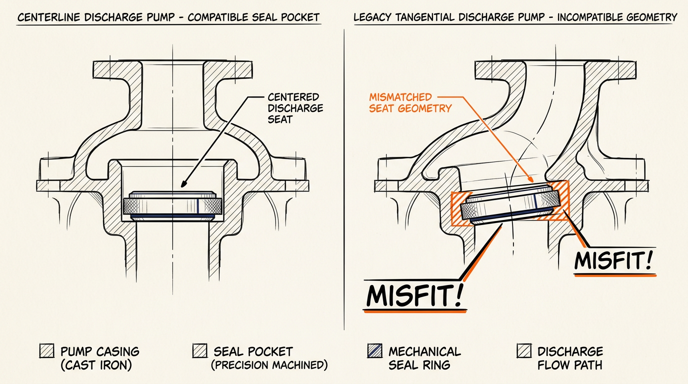 Diagnostic comparison of centerline versus tangential discharge seats for an Armstrong pump mechanical seal replacement.