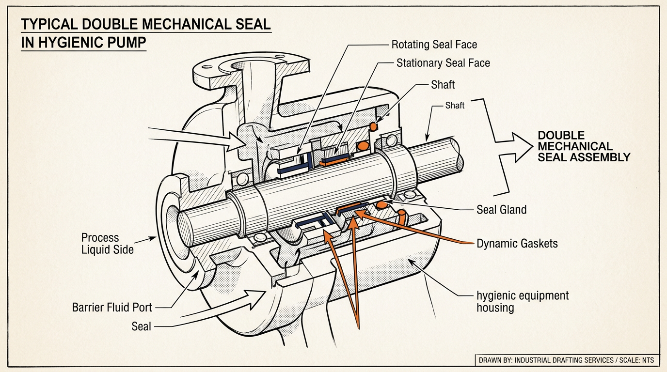 Double mechanical seal cross-section locating the food-grade barrier fluid, elastomers, and equipment zones