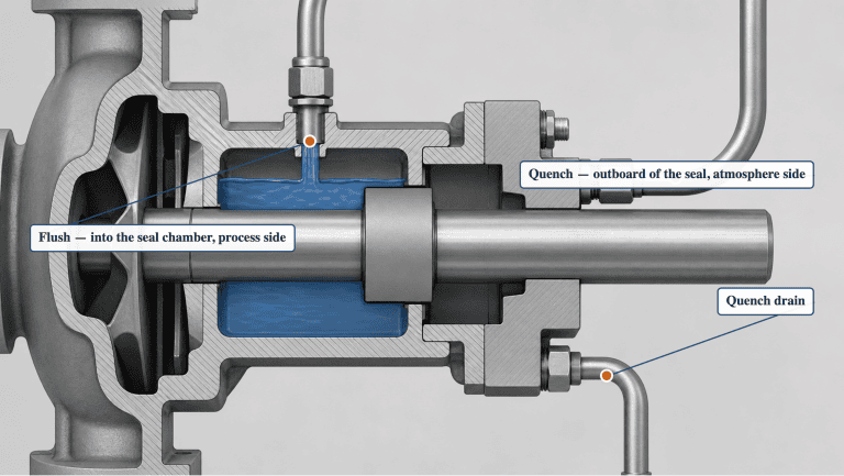 A mechanical seal with the flush entering the seal chamber on the process side and a separate quench connection and drain outboard of the seal on the atmosphere side